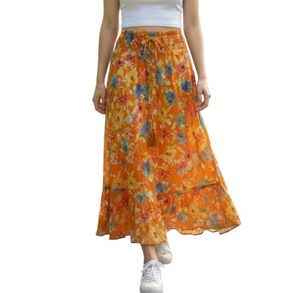 CYNTHIA ROWLEY Orange Floral High/Low Maxi Skirt